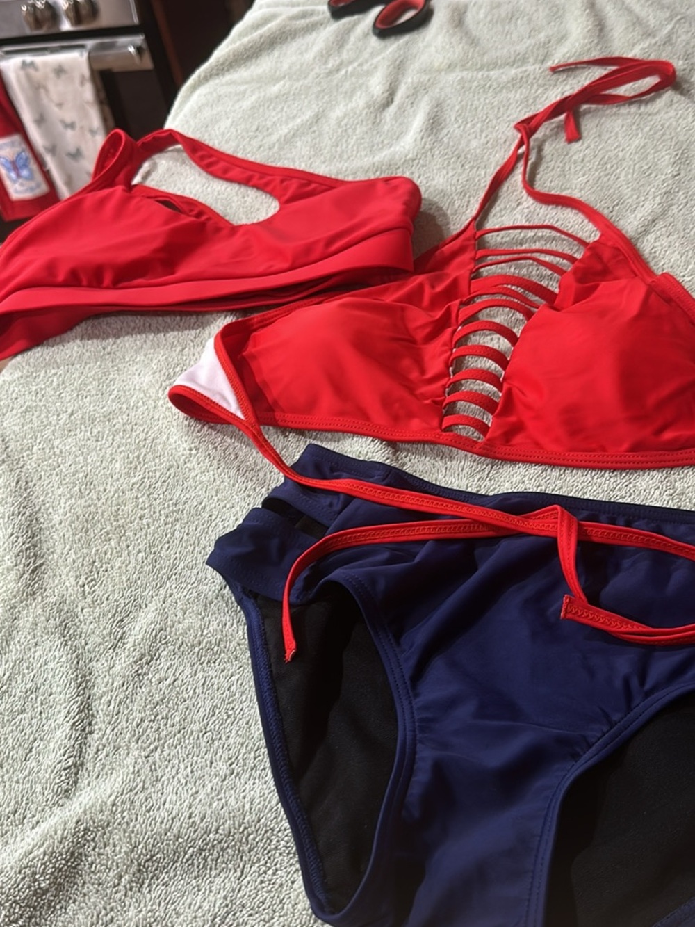 Red Strappy and Triangle Bikini Tops with Navy Bottoms - Women Swim